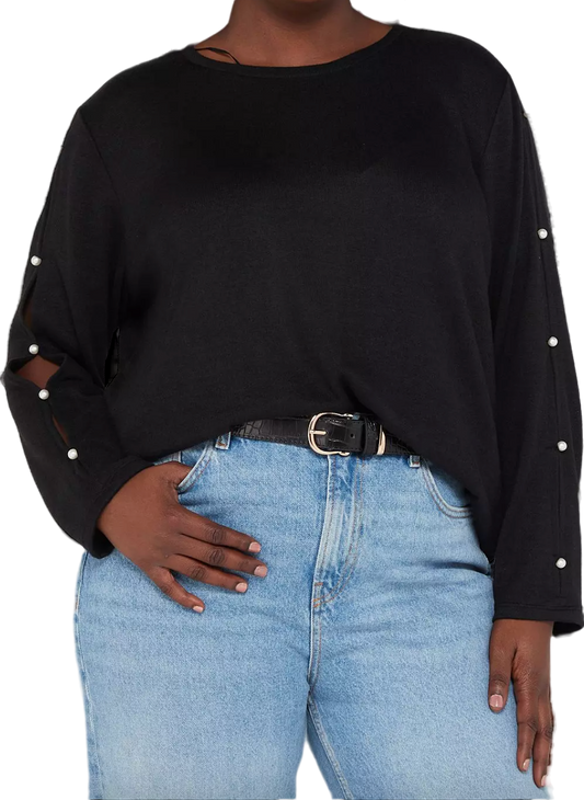 V by Very Curve Crew Neck Pearl Sleeve Detail Top - Black UK 18