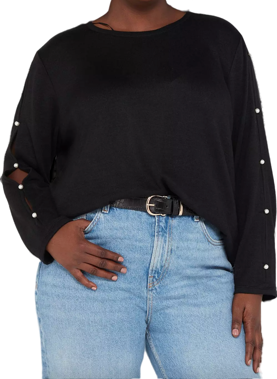 V by Very Curve Crew Neck Pearl embellished Sleeve Detail Top - Black UK 18