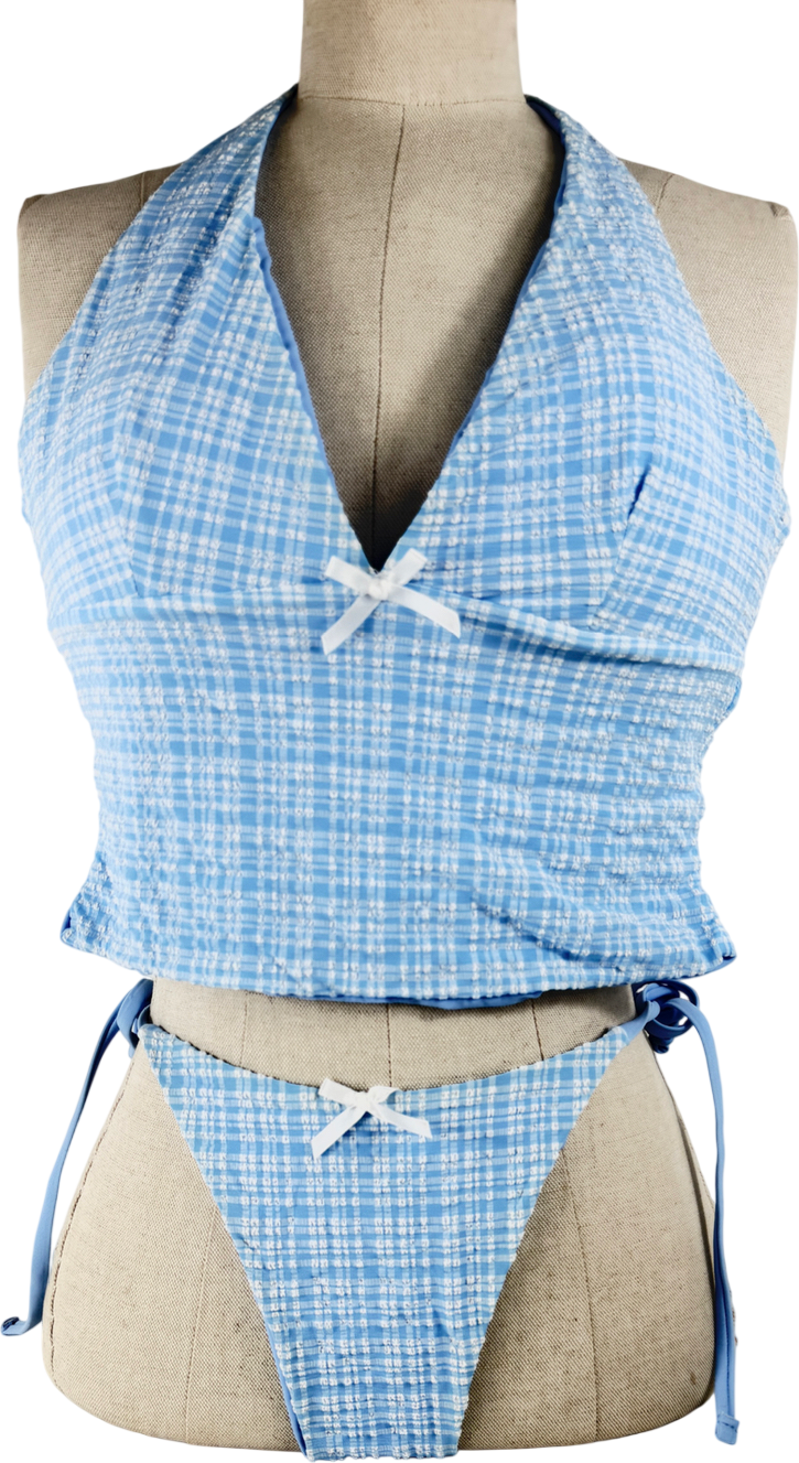 Zaful Blue Knitted Plaid Tankini Set UK M