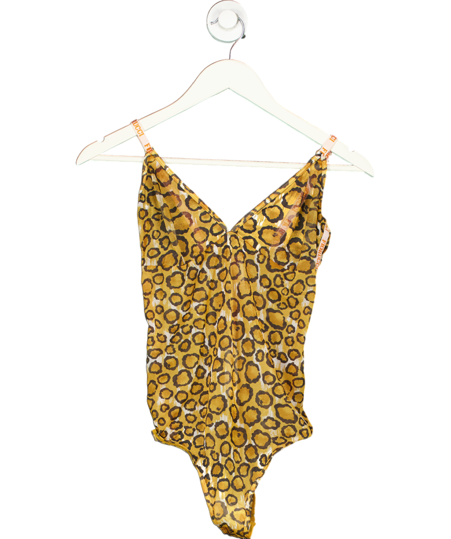 FIORUCCI Yellow Leopard Mesh Logo Bodysuit UK L