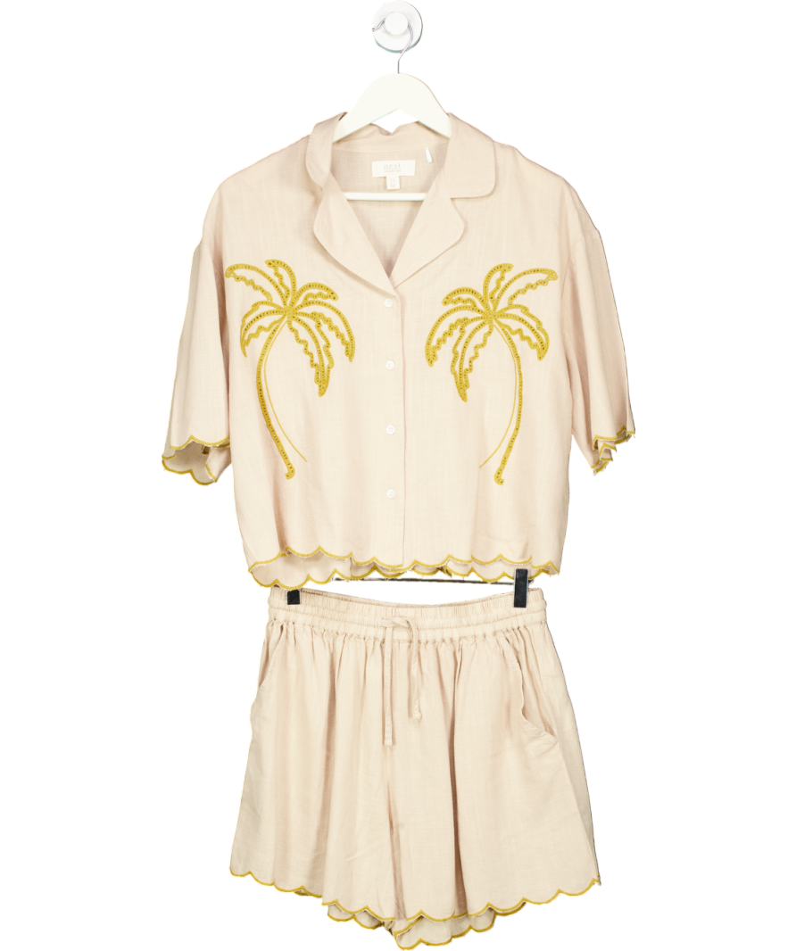 Next Beige Linen Blend Palm Tree Shirt & Shorts Co-ord UK 6