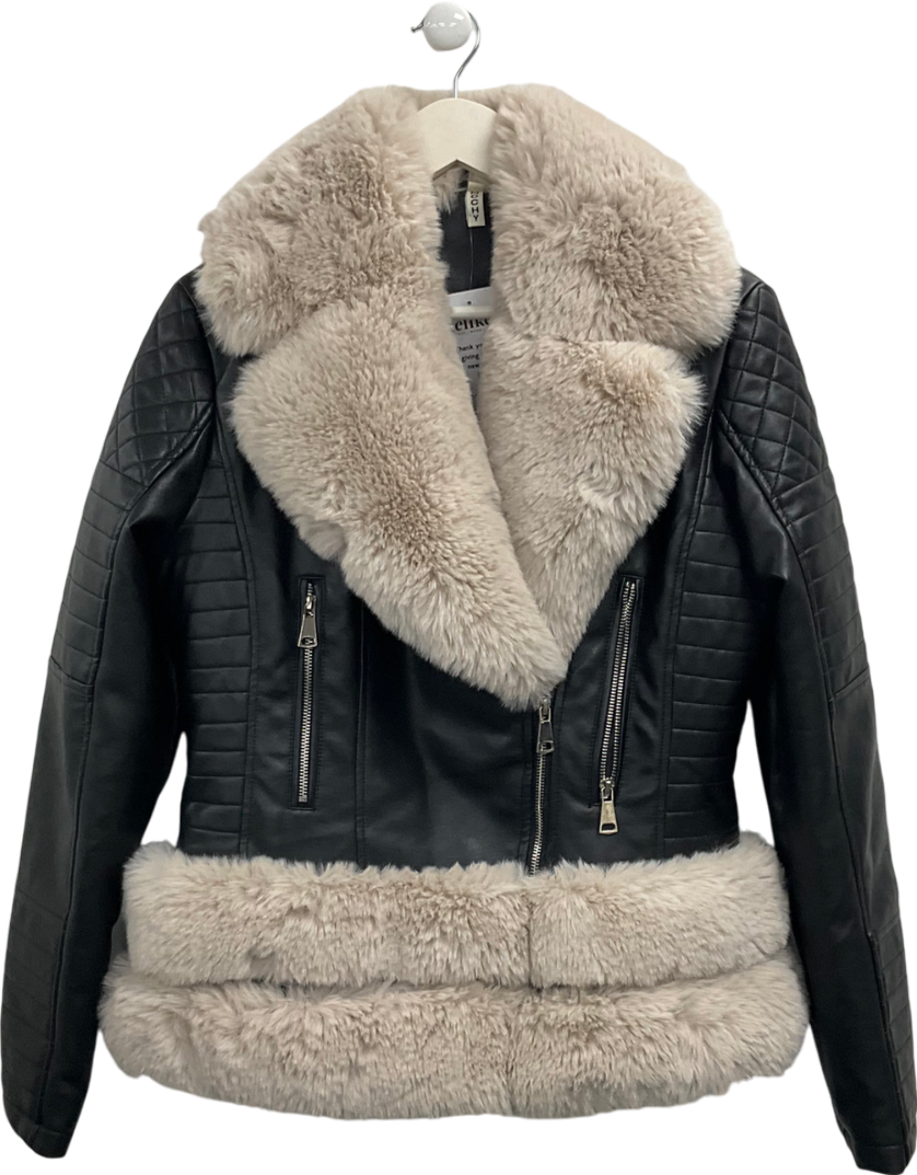mochy Black Faux Leather Jacket With Fur Effect Trim UK M