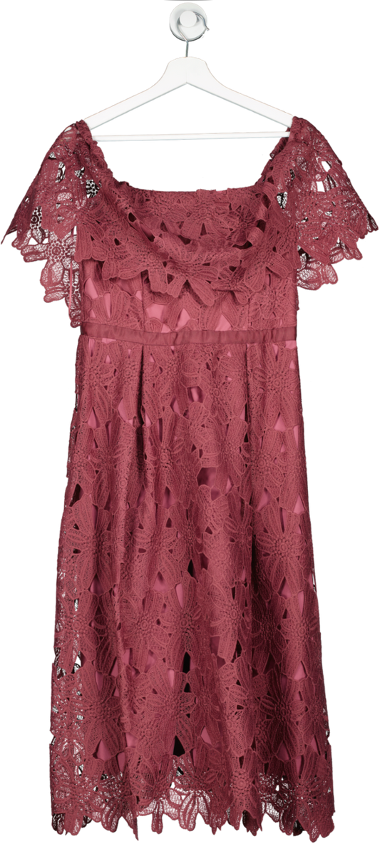 dorothy perkins Luxe Lable Plum Pink Guipure Lace Bardot Midi Dress BNWT UK 12