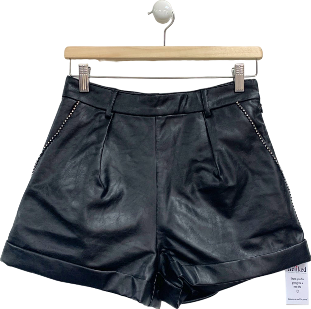 Noughts & Kisses Black Rhinestone-Trim Faux Leather Shorts XS