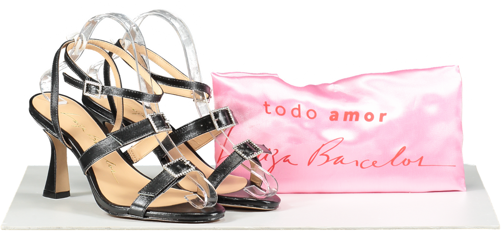 Luiza Barcelos Black BLACK CRYSTAL BUCKLE MID-HEEL SANDALS UK 6 EU 39 👠