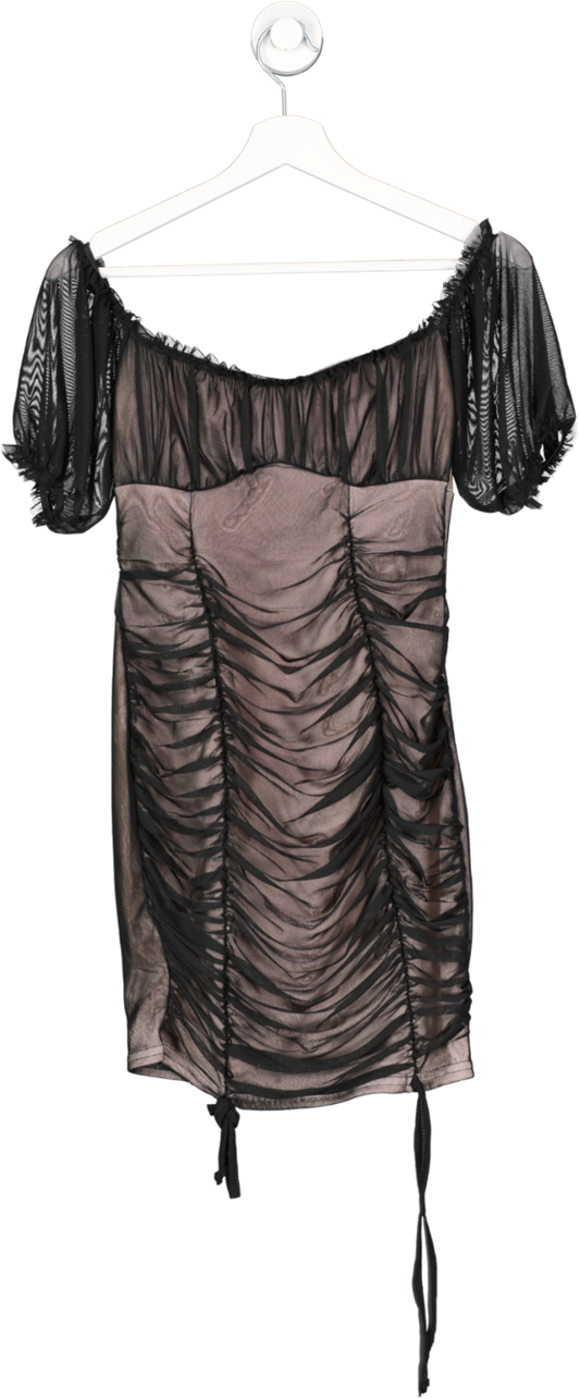 Nasty Gal Black Ruched Mesh Puff Sleeve Mini Dress UK 4