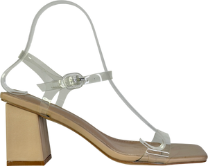 Public Desire Beige Perspex Pu Barely There Mid Block Heels UK 5 EU 38