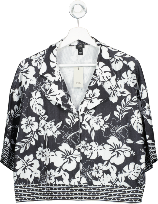 River Island Black Monochrome Flower Print Cropped Shirt UK 14