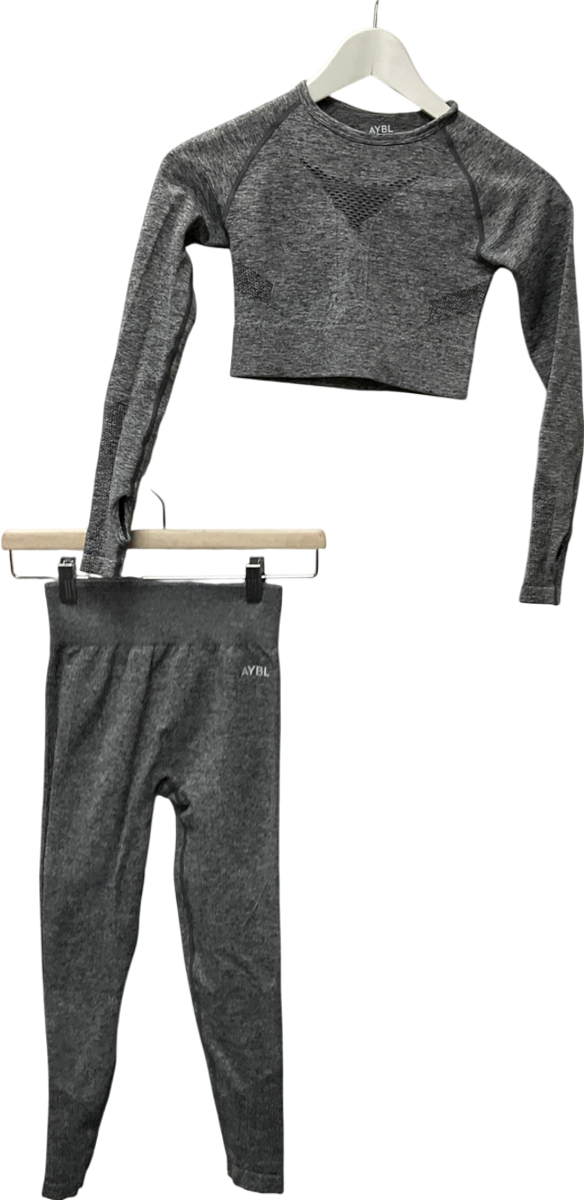 aybl Grey Motion Seamless Long Sleeve Crop Top & Empower Seamless Leggings Set UK XS