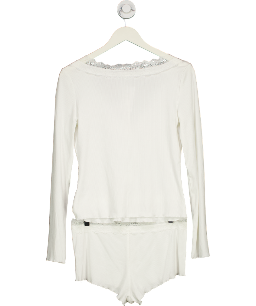 For Love & Lemons White Eisley Ribbed Knit Pyjama Set UK S