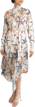 AQUA & ROCK Beige Stella Marine Silk Printed Wrap Dress UK XL