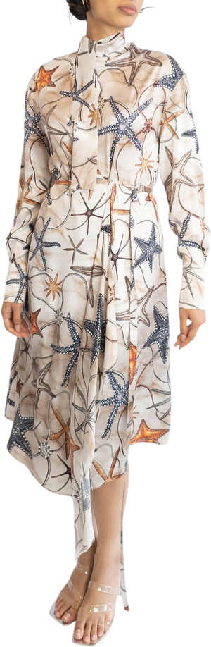 AQUA & ROCK Beige Stella Marine Silk Printed Wrap Dress UK XL