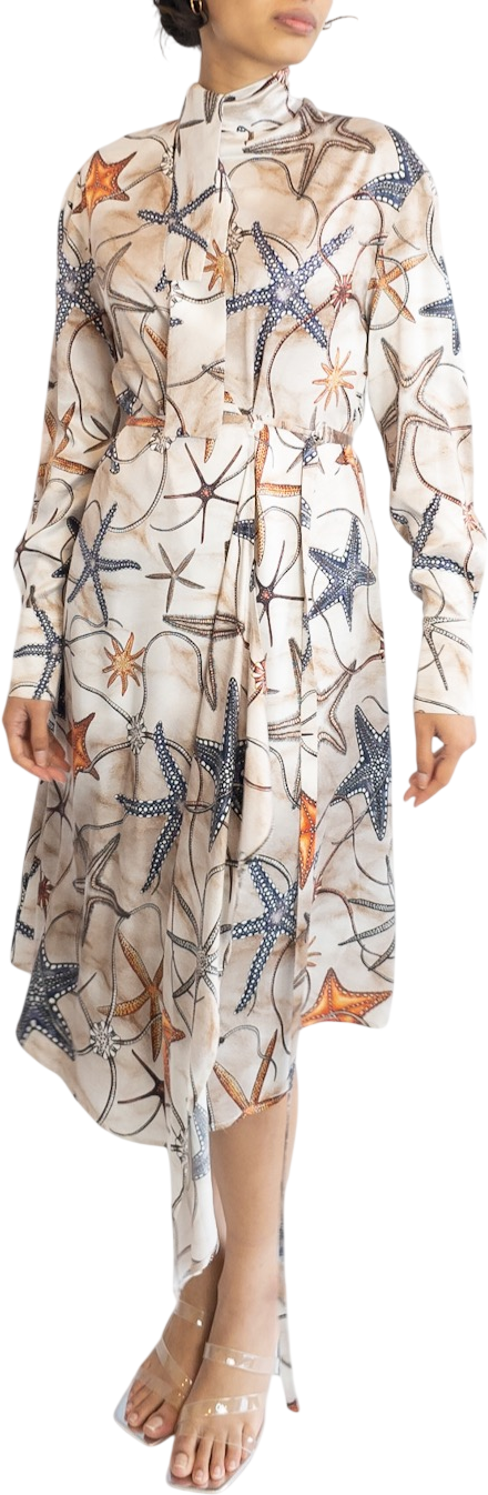 AQUA & ROCK Beige Stella Marine Silk Printed Wrap Dress UK XL