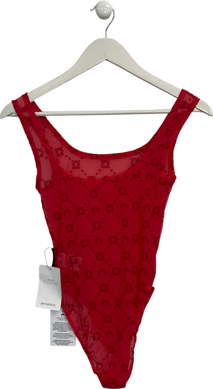 MARINE SERRE Red Moonogram embroidered mesh bodysuit UK XS