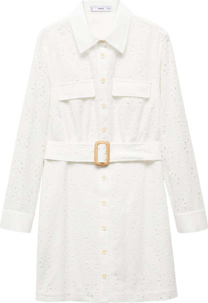 MANGO White Shirly Broiderie Anglaise Mini Shirt Dress UK 20