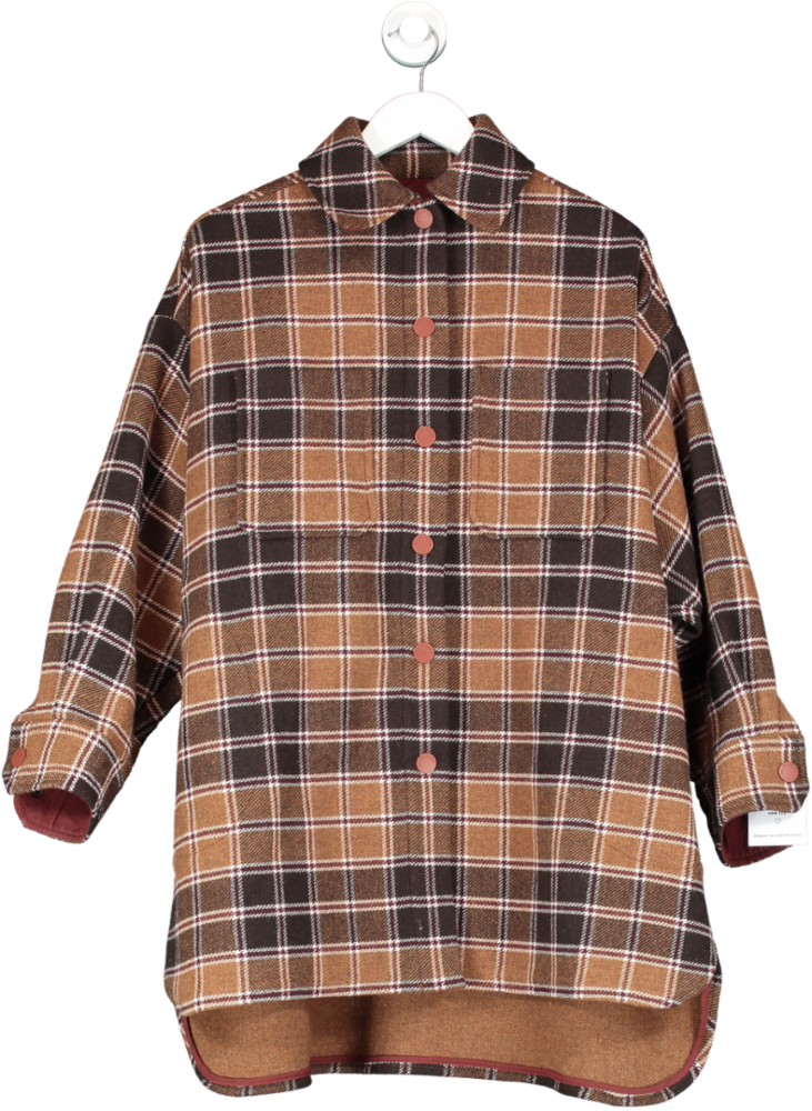 See by Chloé Brown Checked Wool-blend Flannel Shirt Jacket UK S