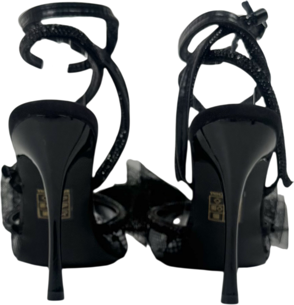 Public Desire Brat Black Diamante Strap Wrap Around Pointed Stiletto Heels UK 6 EU 39 👠