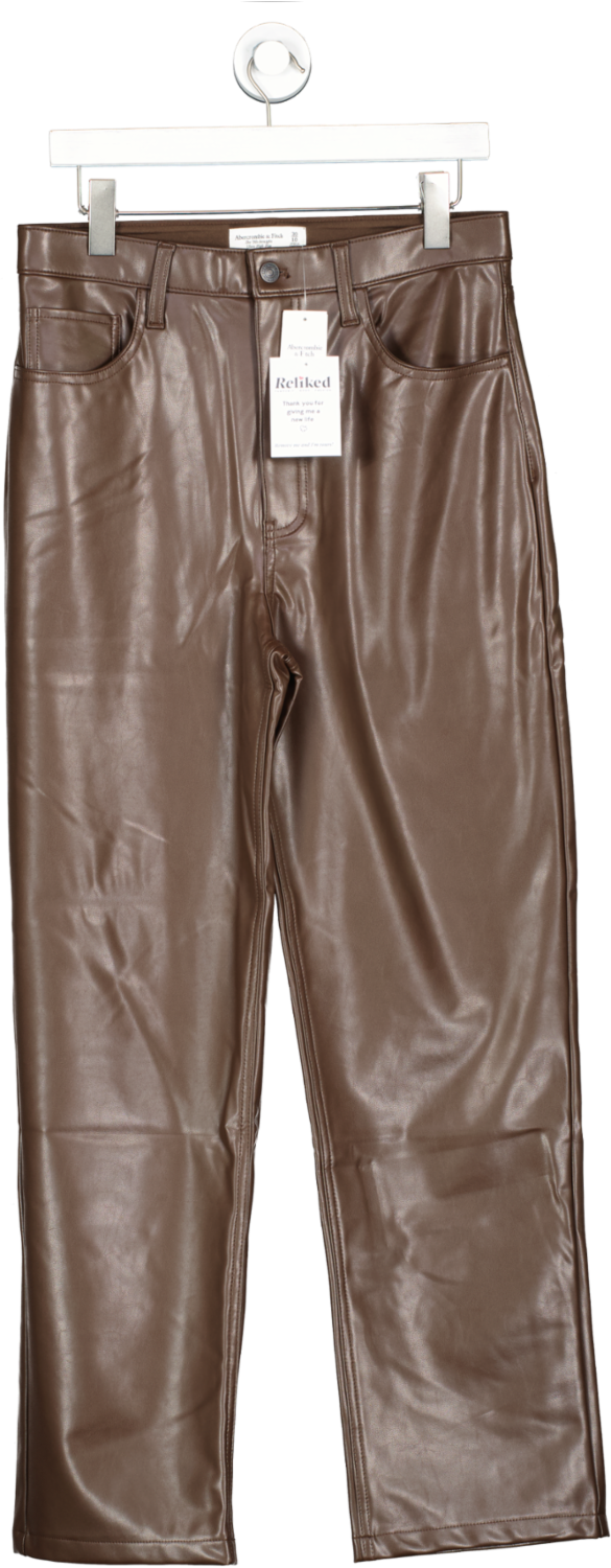 Abercrombie & Fitch Brown Vegan Leather 90's Straight Ultra High Rise Trousers UK 12