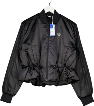 ADIDAS Originals Black Satin Three Stripe Cinched Waist Bomber Jacket UK 10