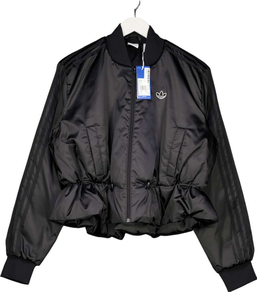 ADIDAS Originals Black Satin Three Stripe Cinched Waist Bomber Jacket UK 10