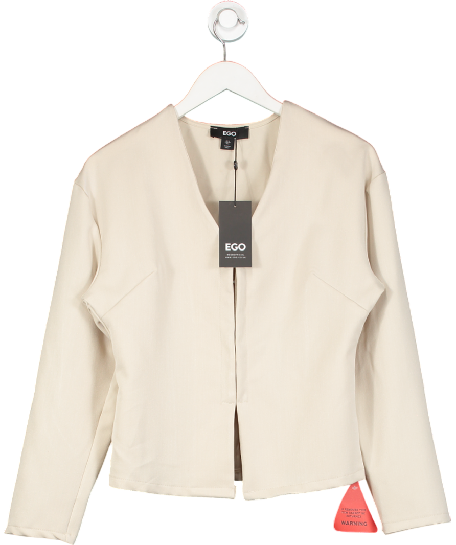 Ego Beige Long Sleeve Collarless Hook And Eye Cinched Waist Blazer In Stone UK 12