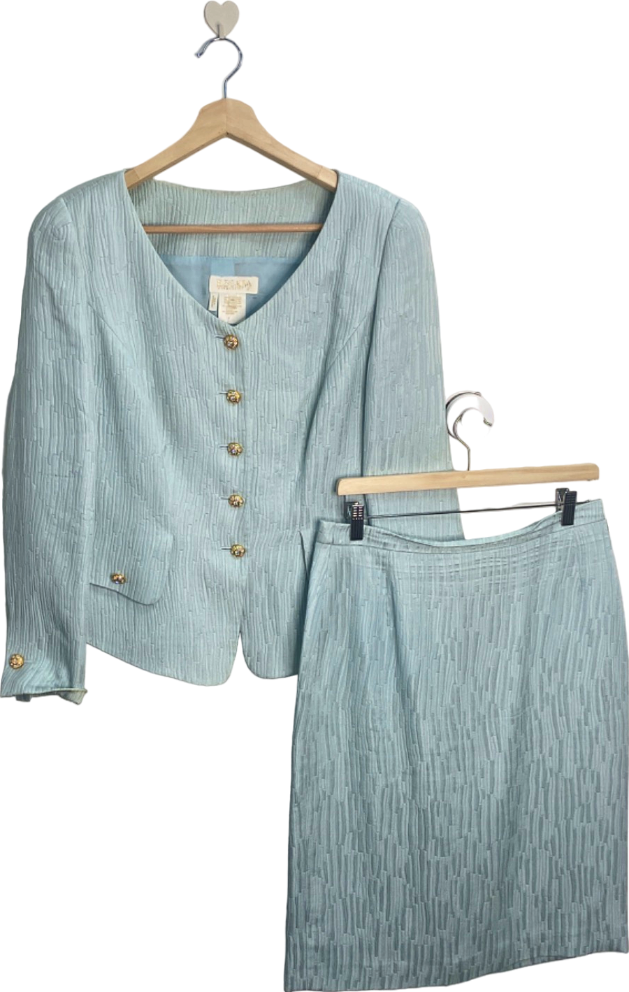 Escada Vintage Light Blue Textured Jacquard Jacket & Skirt Set EU 44 UK 16