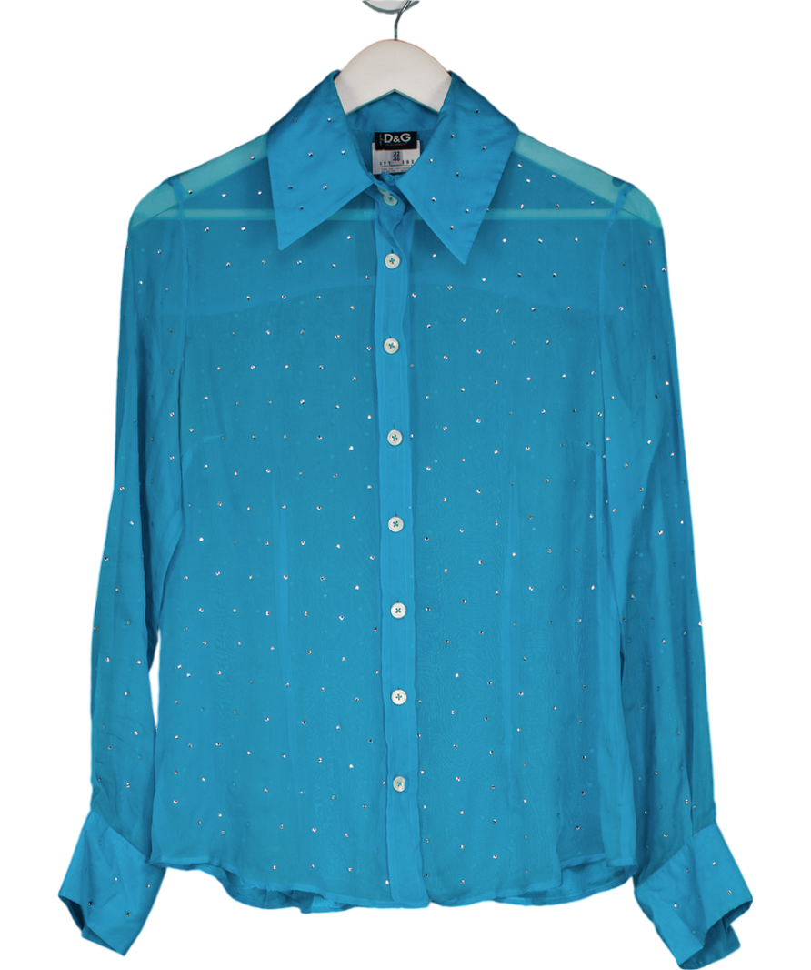 Dolce & Gabbana Blue Silk Rhinestone Blouse UK 10