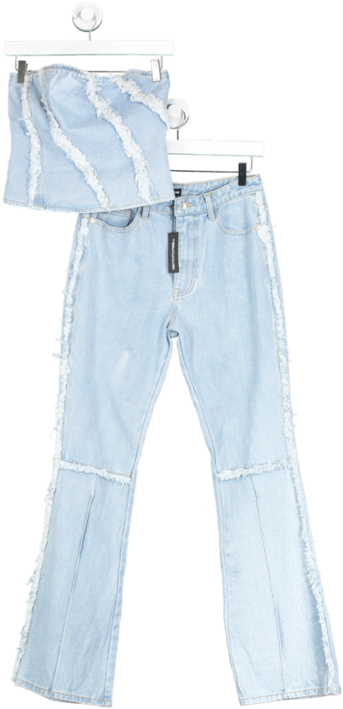 PrettyLittleThing Light Blue Wash Frayed Side Seam Detail Flared Jeans And Corset Top Set UK 8