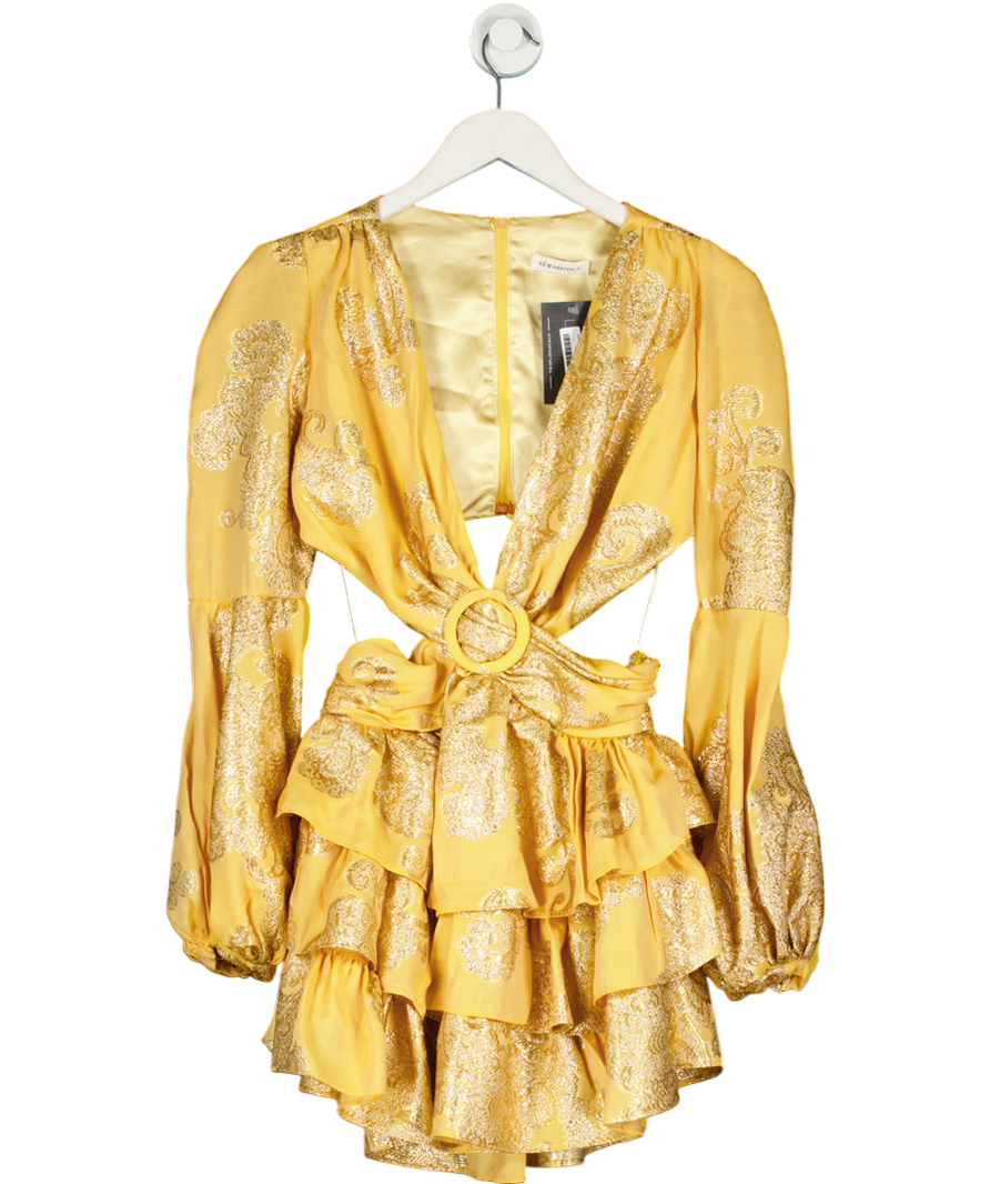 New Arrivals yellow metallic jacquard Print Mini Dress UK 10