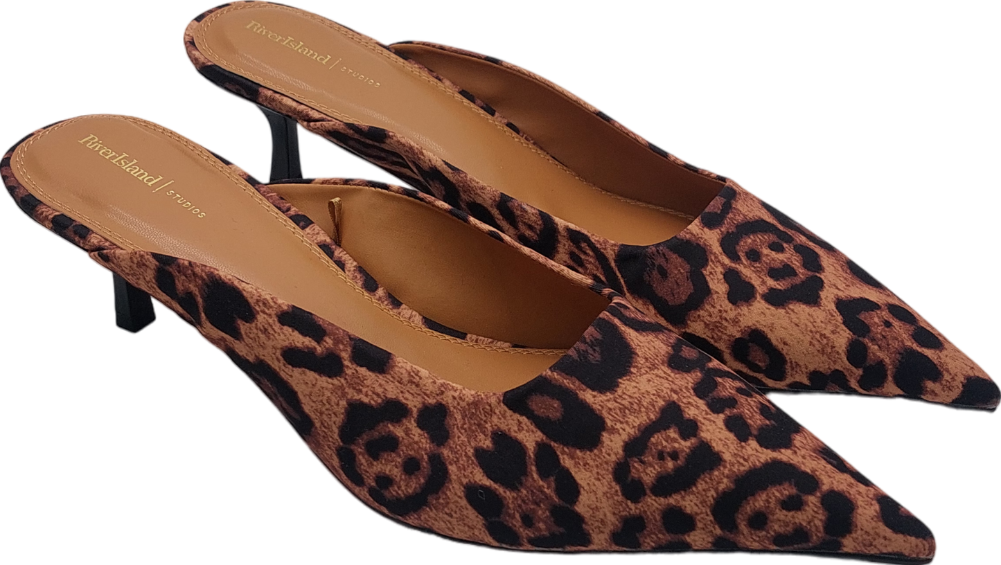 River Island Brown Animal Print Kitten Heel Pumps UK 7 EU 40 👠