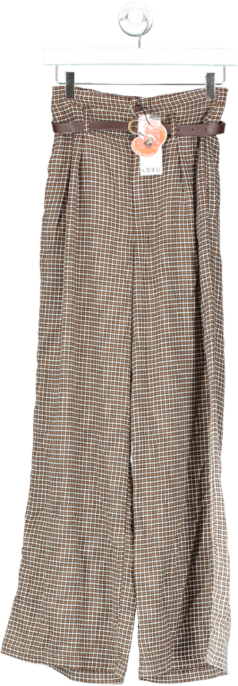Cider Brown Houndstooth High Waist Belted Wide Leg Trousers UK XS