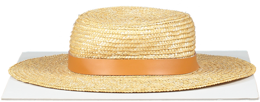 Lack Of Color Beige Straw Boater With Tan Leather Detail 57cm UK M