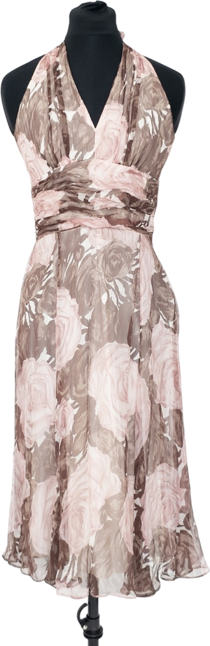 Phase Eight Taupe / Dusty  Pink Floral Silk  Chiffon Halter Neck Dress UK 10