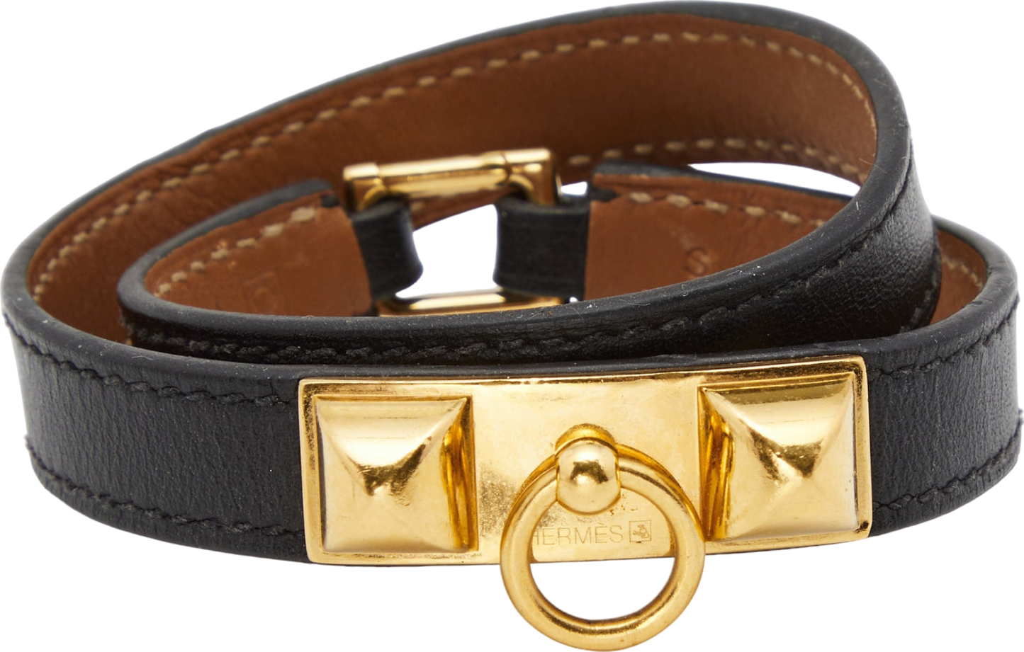 Hermès Black / Gold Rivale Double Tour Leather Bracelet In Noir T3 UK M