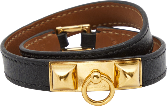 Hermès Black / Gold Rivale Double Tour Leather Bracelet In Noir T3 UK M