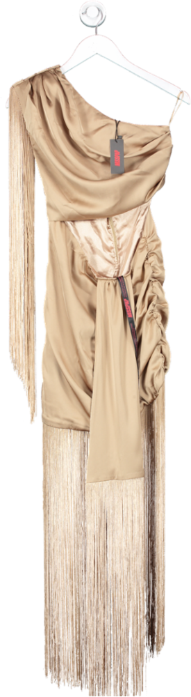 Misspap Brown Premium Satin Draped One Shoulder Fringe Bodycon Dress UK 6