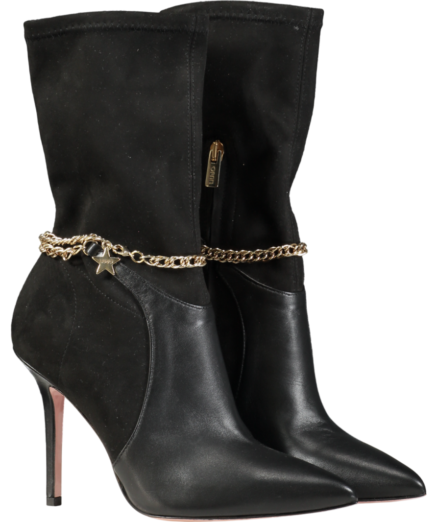 LUI JO Marilyn 5 Black Leather & Suede Boots With Gold Star And Chain Detail UK 5 EU 38 👠