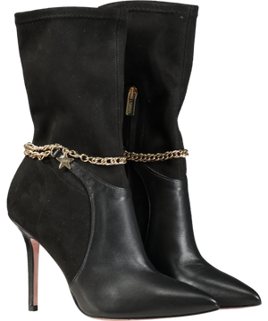 LUI JO Marilyn 5 Black Leather & Suede Boots With Gold Star And Chain Detail UK 5 EU 38