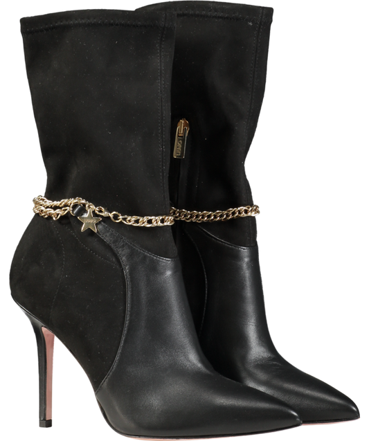 LUI JO Marilyn 5 Black Leather & Suede Boots With Gold Star And Chain Detail UK 5 EU 38 👠