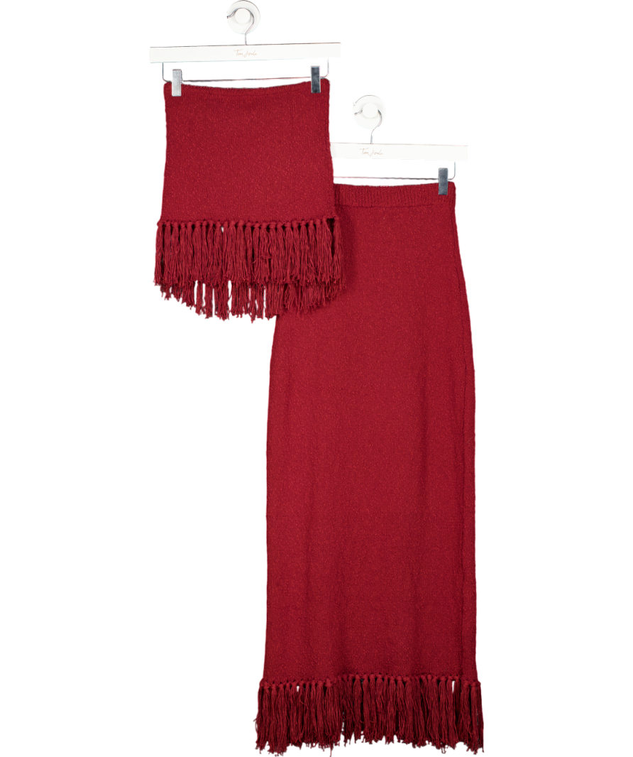 4th & Reckless Red 2 -piece Burgundy Tassel Trim Knitted Maxi Skirt And Bandeau Top Set - Gabby UK 8