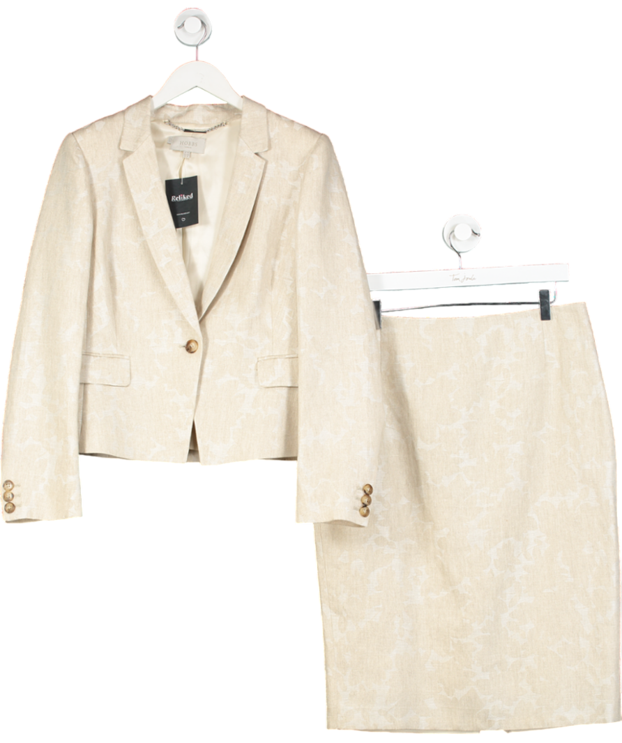Hobbs Beige Natural Linen Jacquard 2- Piece Suit- Skirt Uk 14, Blazer UK 16