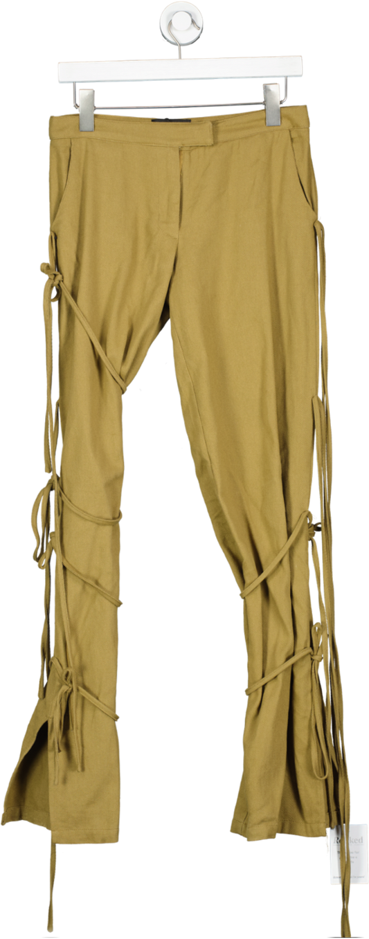 PrettyLittleThing Brown Plt Label Olive Low Rise Tie Detail Trousers UK 4