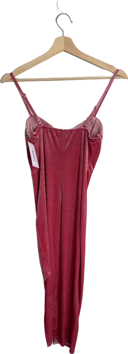 Fashion Nova Red Rhinestone Trim Velvet Dress XS