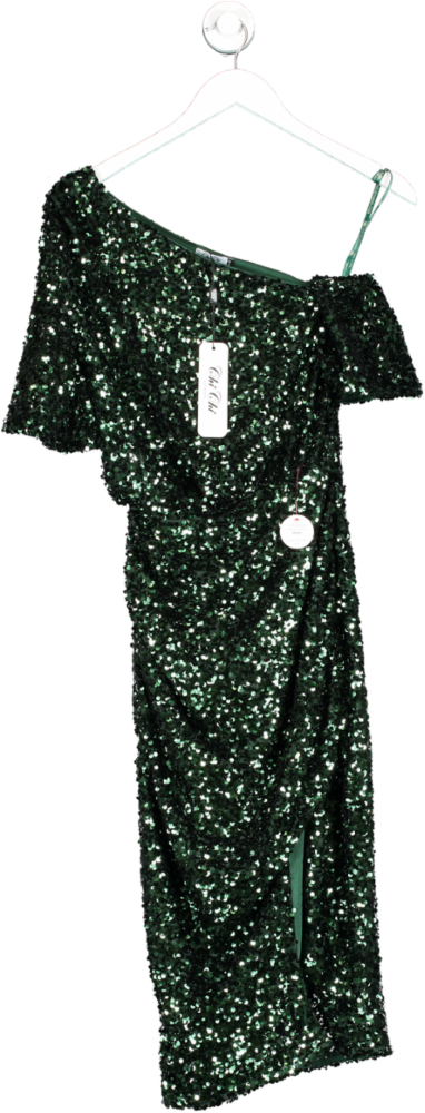 Chi Chi London Green One Shoulder Ruched Sequin Midi Dress UK 6