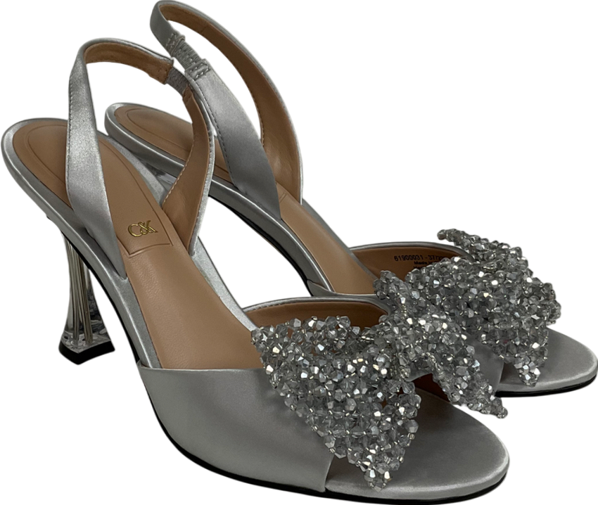 Charles & Keith Metallic Recycled Polyester Beaded Bow Slingback Pumps - Silver UK 4 EU 37 👠