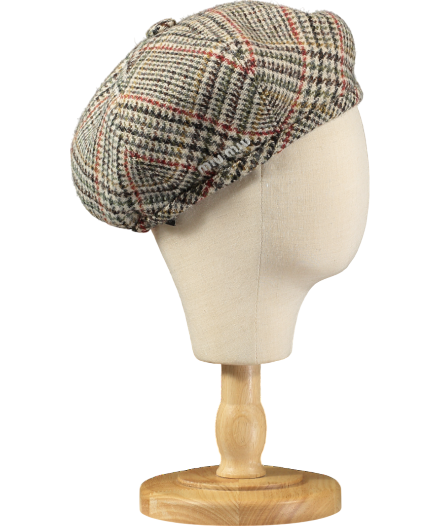 MIU MIU Tweed Baker Boy Cap In Brown Check 58cm UK M