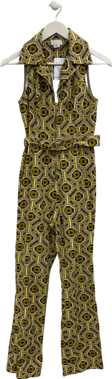 ASOS Green Retro Print Sleeveless Belted Flared Jumpsuit UK 8