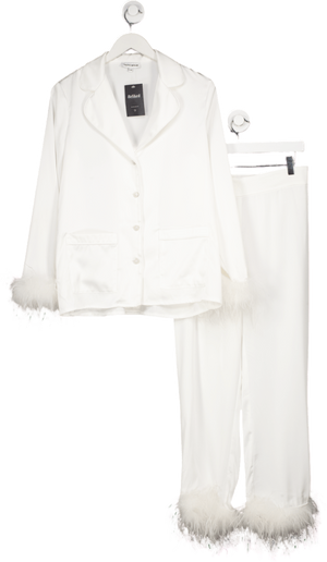 NADINE MERABI White Darcie Satin Feather Trim Pyjamas With Crystal Buttons UK S