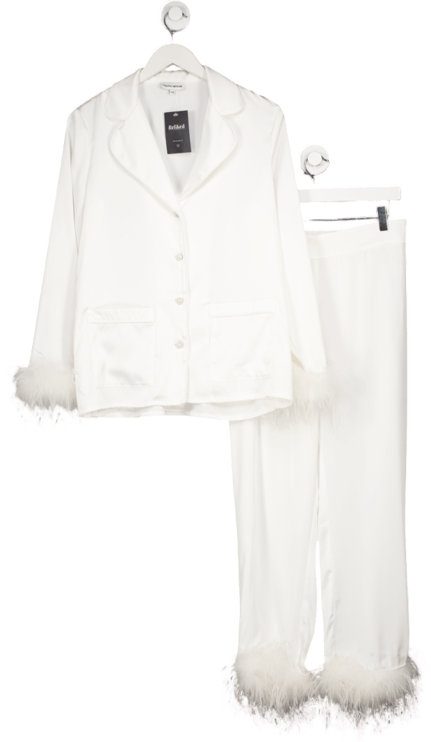 NADINE MERABI White Darcie Satin Feather Trim Pyjamas With Crystal Buttons UK S