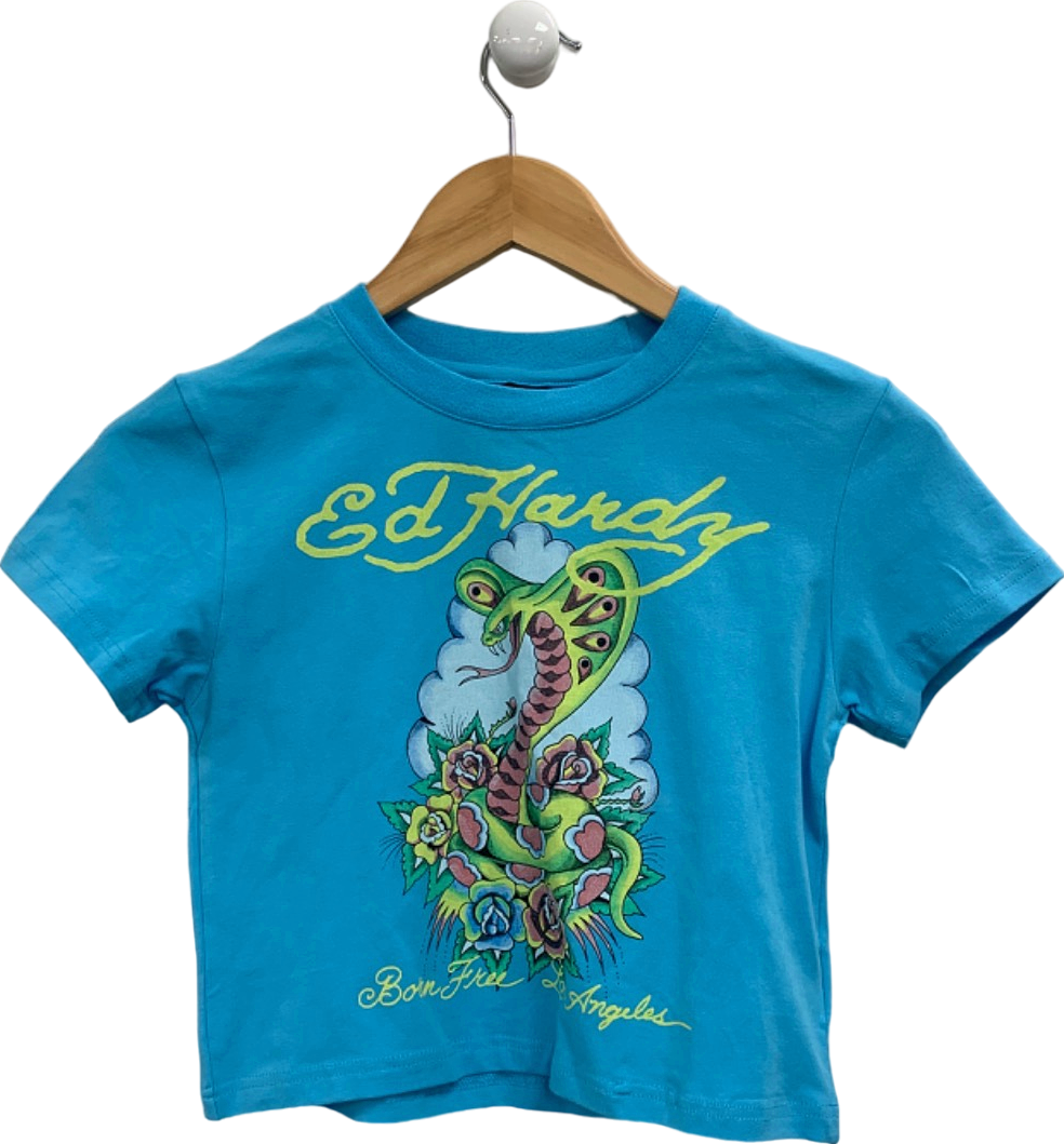 Ed Hardy Blue LA-Cobra Graphic Baby Crop Tee UK S